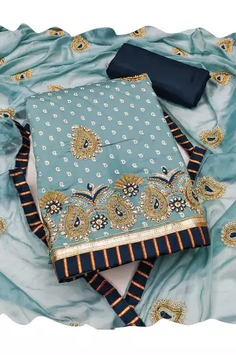 Women's sea green thread zari embroidery roman cotton silk dress material