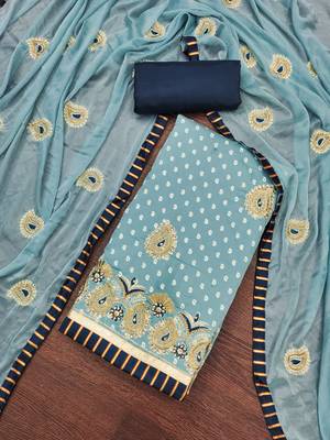 Women's sea green thread zari embroidery roman cotton silk dress material 5