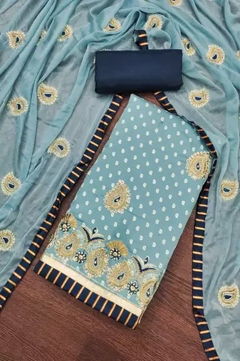 Women's sea green thread zari embroidery roman cotton silk dress material