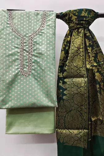 Women's light green fancy handwork banarasi jacquard dress material