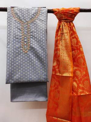 Women's grey fancy handwork banarasi jacquard dress material 3