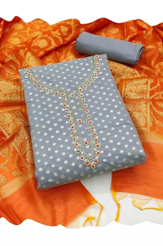 Women's grey fancy handwork banarasi jacquard dress material