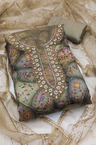 Women's multi unstitched sequence embroidery viscose organja dress material 