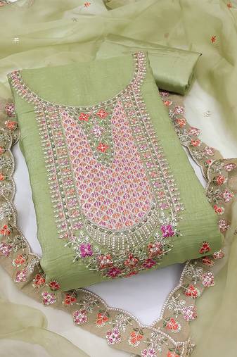 Women's light green unstitched sequence kashmiri embroidery viscose dress material 
