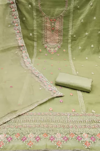 Women's light green sequence kashmiri embroidery viscose dress material
