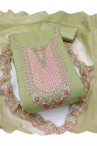 Women's light green sequence kashmiri embroidery viscose dress material