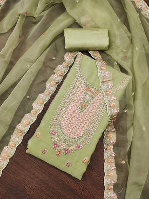 Women's light green sequence kashmiri embroidery viscose dress material 5