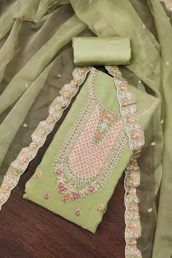 Women's light green sequence kashmiri embroidery viscose dress material
