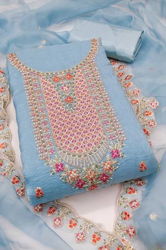 Women's sea green unstitched sequence kashmiri embroidery viscose dress material 