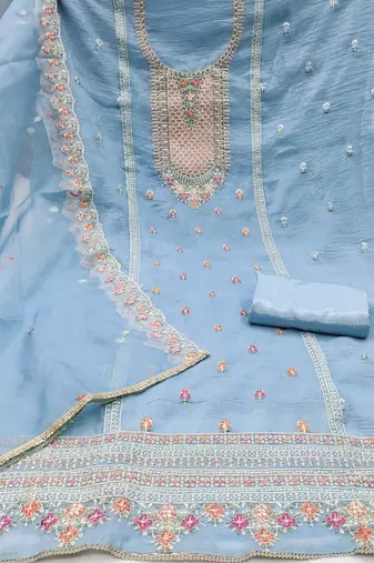 Women's sea green sequence kashmiri embroidery viscose dress material