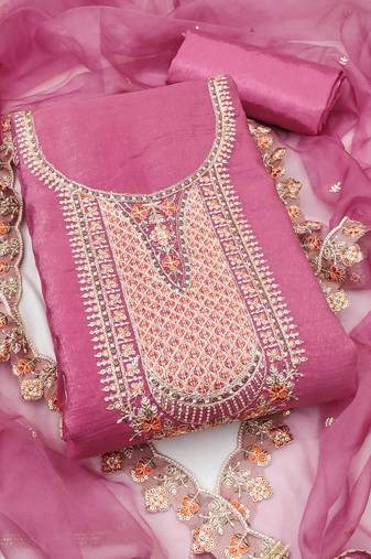 Women's pink unstitched sequence kashmiri embroidery viscose dress material 