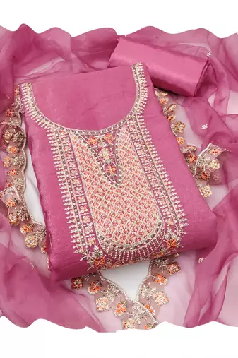 Women's pink sequence kashmiri embroidery viscose dress material