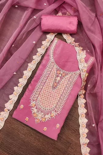 Women's pink sequence kashmiri embroidery viscose dress material