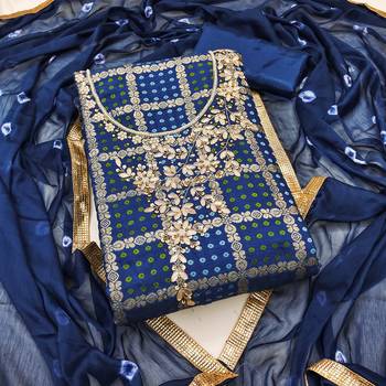 Women's blue designer weaving, bandhani print banarasi cotton silk dress material 1