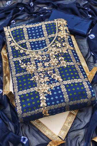 Women's blue unstitched designer weaving, bandhani print banarasi cotton silk dress material 