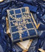 Women's blue unstitched designer weaving, bandhani print banarasi cotton silk dress material 