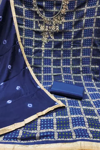 Women's blue designer weaving, bandhani print banarasi cotton silk dress material