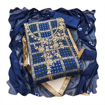 Women's blue designer weaving, bandhani print banarasi cotton silk dress material 4