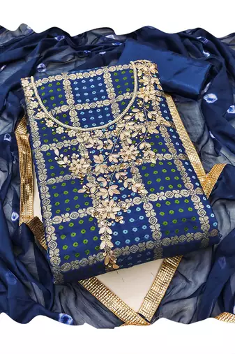 Women's blue designer weaving, bandhani print banarasi cotton silk dress material