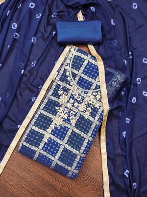 Women's blue designer weaving, bandhani print banarasi cotton silk dress material 5