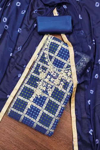 Women's blue designer weaving, bandhani print banarasi cotton silk dress material
