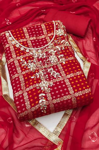 Women's red unstitched designer weaving, bandhani print banarasi cotton silk dress material 