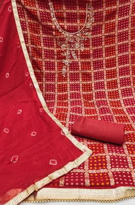 Women's red designer weaving, bandhani print banarasi cotton silk dress material 2