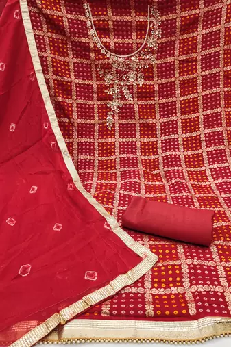 Women's red designer weaving, bandhani print banarasi cotton silk dress material