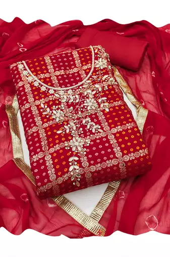 Women's red designer weaving, bandhani print banarasi cotton silk dress material