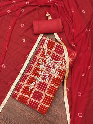 Women's red designer weaving, bandhani print banarasi cotton silk dress material 5