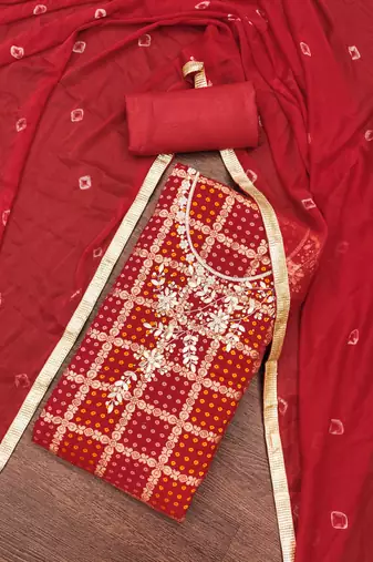 Women's red designer weaving, bandhani print banarasi cotton silk dress material