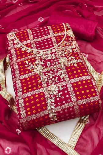 Women's pink unstitched designer weaving, bandhani print banarasi cotton silk dress material 
