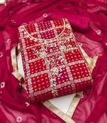 Women's pink unstitched designer weaving, bandhani print banarasi cotton silk dress material 