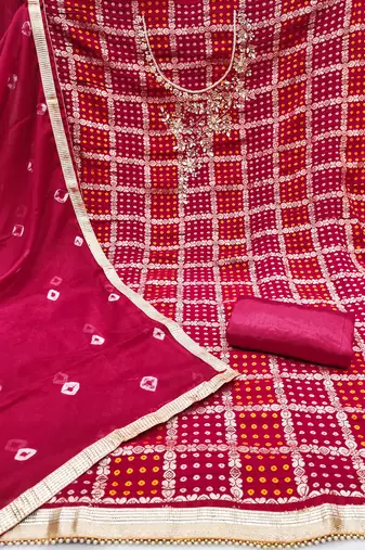 Women's pink designer weaving, bandhani print banarasi cotton silk dress material