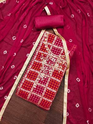 Women's pink designer weaving, bandhani print banarasi cotton silk dress material 5