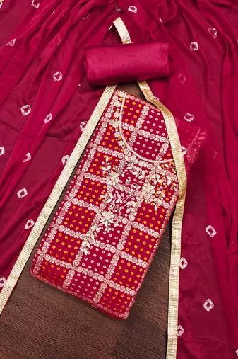 Women's pink designer weaving, bandhani print banarasi cotton silk dress material