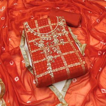Women's orange designer weaving, bandhani print banarasi cotton silk dress material 1