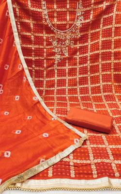 Women's orange designer weaving, bandhani print banarasi cotton silk dress material 2