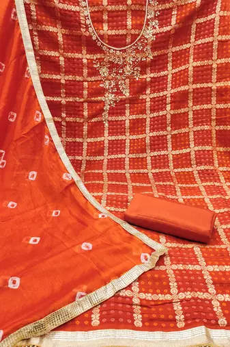 Women's orange designer weaving, bandhani print banarasi cotton silk dress material
