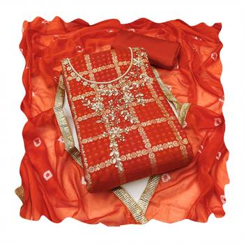 Women's orange designer weaving, bandhani print banarasi cotton silk dress material 4