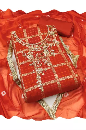 Women's orange designer weaving, bandhani print banarasi cotton silk dress material