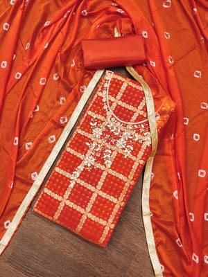 Women's orange designer weaving, bandhani print banarasi cotton silk dress material 5