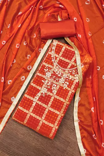 Women's orange designer weaving, bandhani print banarasi cotton silk dress material