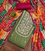 Women's green unstitched heavy multi thread embroidery jalpari cotton dress material 