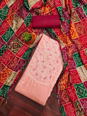 Women's pink heavy multi thread embroidery jalpari cotton dress material 1