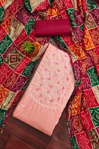 Women's pink unstitched heavy multi thread embroidery jalpari cotton dress material 