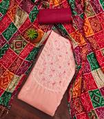 Women's pink unstitched heavy multi thread embroidery jalpari cotton dress material 