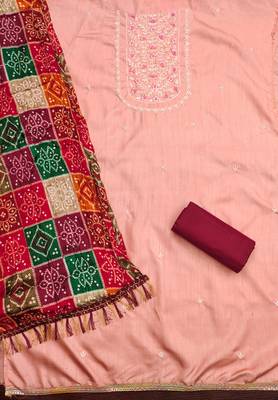 Women's pink heavy multi thread embroidery jalpari cotton dress material 2