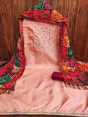 Women's pink heavy multi thread embroidery jalpari cotton dress material 3