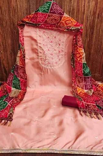 Women's pink heavy multi thread embroidery jalpari cotton dress material
